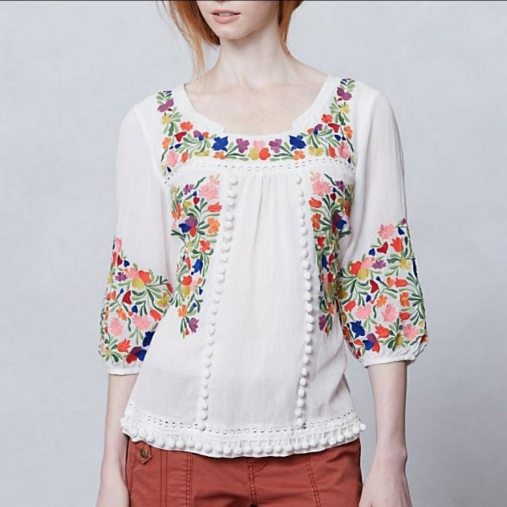 Vanessa Virginia Pompom Peasant Blouse, Size 4
